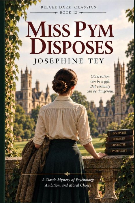"Miss Pym Disposes" von Josephine Tey. Frau von hinten betrachtet ein historisches Gebäude. Bücher mit Tugenden aufgelistet.