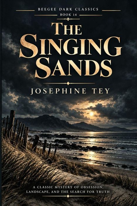 "The Singing Sands" von Josephine Tey. Strand bei Sonnenuntergang, Berge im Hintergrund, mystische Atmosphäre.