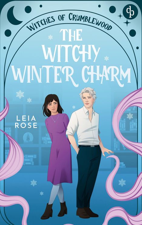 „The Witchy Winter Charm“ von Leia Rose. Zwei Figuren: eine Frau in lila Kleid und ein Mann in weißem Hemd, umgeben von Schneeflocken.
