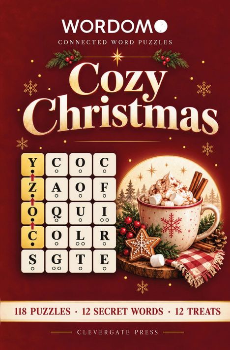 "Cozy Christmas" in festlicher Schrift, darunter ein Buchstabengitter. Eine Tasse Kakao mit Marshmallows und Keksen.