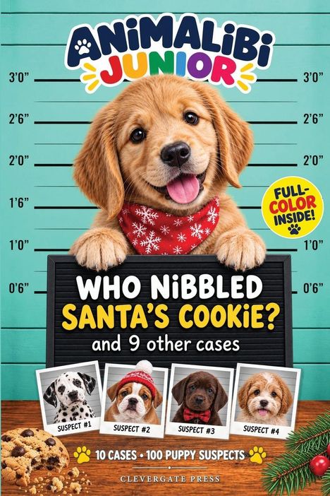 Text: "Who Nibbled Santa's Cookie? and 9 other cases." Ein Welpe mit rotem Halstuch vor einem Messhintergrund.