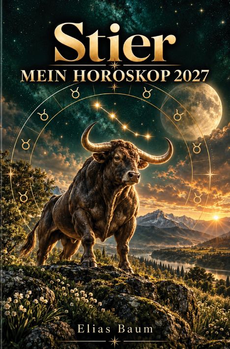 Text: Stier, MEIN HOROSKOP 2027, Elias Baum. 

Ein kraftvoller Stier auf einem Felsen vor einer nächtlichen Landschaft mit Mond. Sternzeichen-Symbole umrahmen ihn.