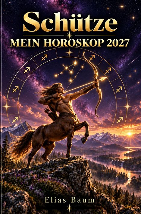 „Schütze MEIN HOROSKOP 2027“ und „Elias Baum“. Ein Zentaur spannt einen Bogen unter einem leuchtenden Sternenhimmel.