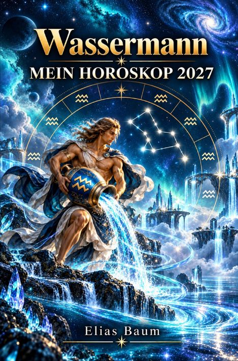 „Wassermann Mein Horoskop 2027“. Illustration einer mythologischen Figur mit Krug, kosmische Kulisse und Wasserströmen.