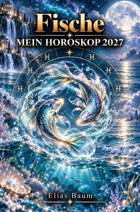 „Fische, MEIN HOROSKOP 2027, Elias Baum“. Zwei Fische schwimmen im Kreis in einer fantasievollen, traumhaften Meereslandschaft.