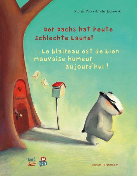 "Der Dachs hat heute schlechte Laune!" Eine Illustration mit einem Dachs, einem Baum, einer roten Tür und einem Briefkasten.