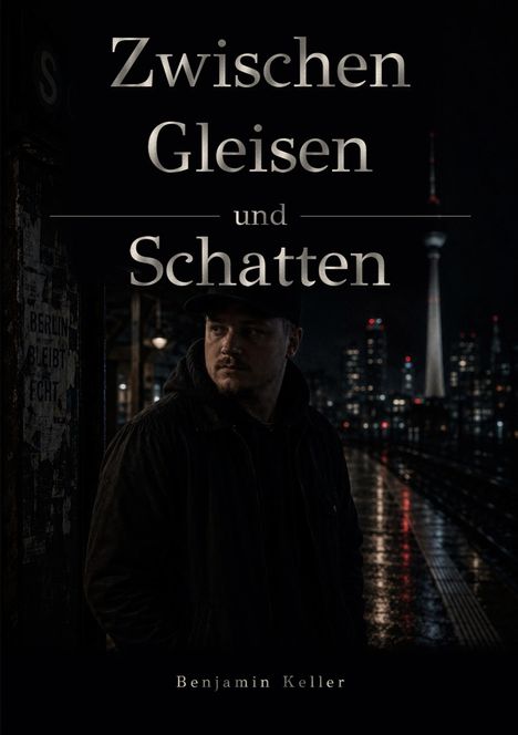 "Zwischen Gleisen und Schatten" und "Benjamin Keller". Dunkle, nächtliche Szene mit einem Mann, Stadtlichter im Hintergrund.
