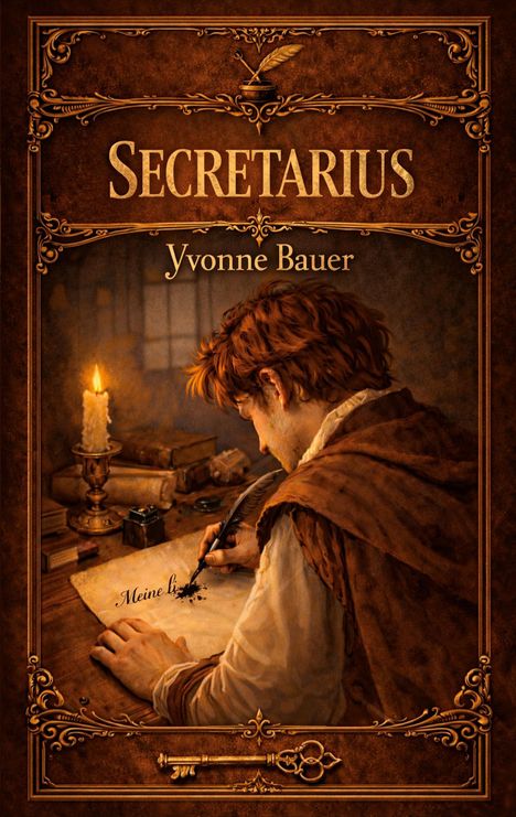 "SECRETARIUS" und "Yvonne Bauer" stehen in einem ornaten Rahmen. Ein Mann schreibt bei Kerzenlicht mit einer Feder.
