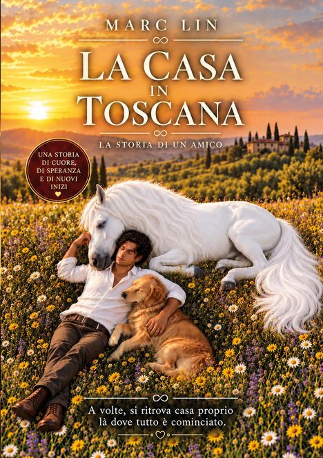 Text: "LA CASA IN TOSCANA". Mann liegt mit Hund und Pferd in einem blühenden Feld, Sonnenuntergang im Hintergrund.