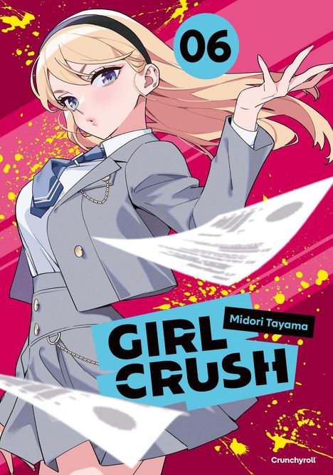 "06, Midori Tayama, GIRL CRUSH." Eine Illustration zeigt eine blonde Frau in Schuluniform vor einem pinken Hintergrund.