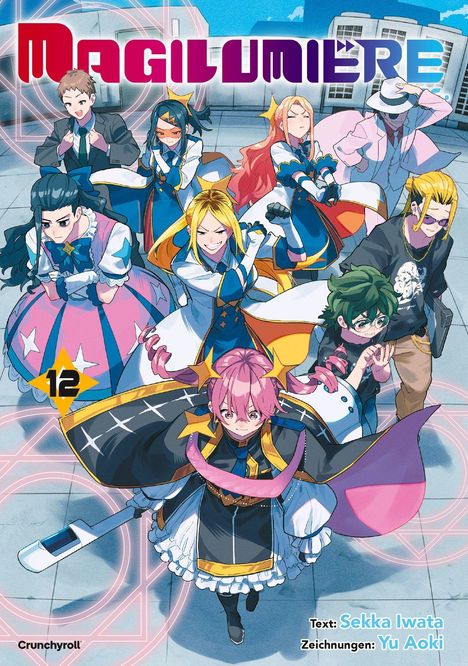 "Magilumiere" in großen Buchstaben oben. Mehrere bunte Anime-Figuren in starken Posen, lebendige Farben, dynamische Szene.