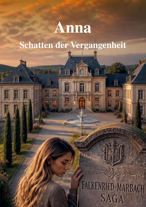 Text: "Anna: Schatten der Vergangenheit. Falkenried-Marbach Saga." 

Eine Frau steht neben einem imposanten Herrenhaus.