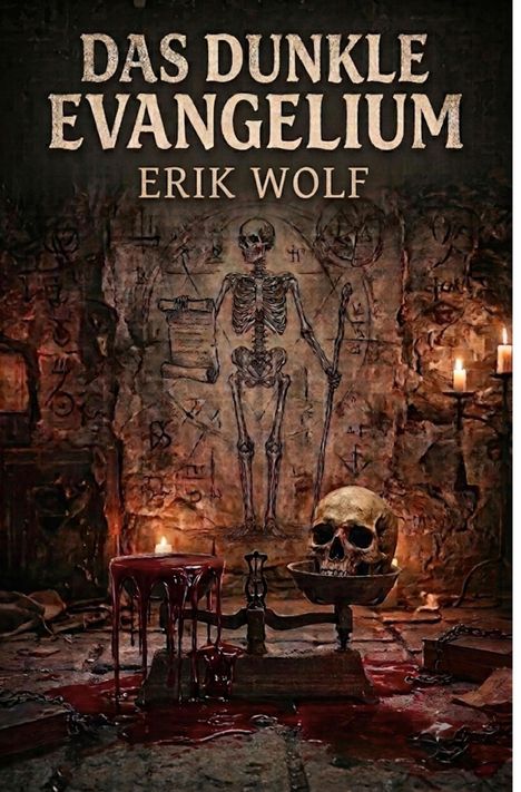 „Das Dunkle Evangelium“, Erik Wolf. Skelettzeichnung, Kerzen, Schädel auf Waage, verschüttetes Blut in düsterem Raum.