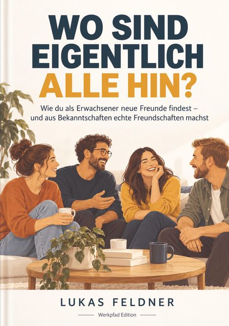 „WO SIND EIGENTLICH ALLE HIN?“ zeigt vier lachende Erwachsene am Tisch mit Pflanzen und Tassen.