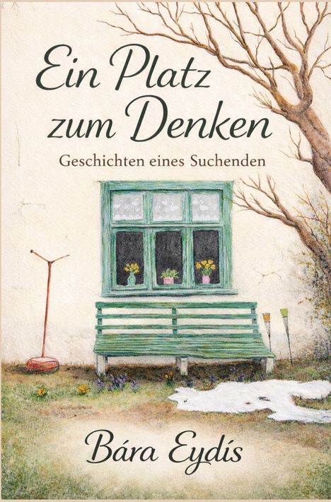 "Ein Platz zum Denken", "Geschichten eines Suchenden" steht auf einer Illustration mit Bank, Fenster und Baum im Winter.