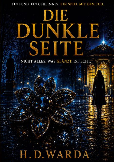 "Ein Fund. Ein Geheimnis. Ein Spiel mit dem Tod. Die Dunkle Seite. Nicht alles, was glänzt, ist echt. H. D. Warda." Düstere Szene, Frau vor beleuchtetem Pavillon, großer Edelstein vorne.