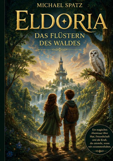 Titel: Eldoria: Das Flüstern des Waldes. Zwei Kinder schauen auf ein Schloss in einer magischen Waldlandschaft mit Eule.