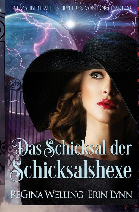 „Das Schicksal der Schicksalshexe“, Gesichter einer Frau mit großem Hut. Blitz und Stern am Himmel.