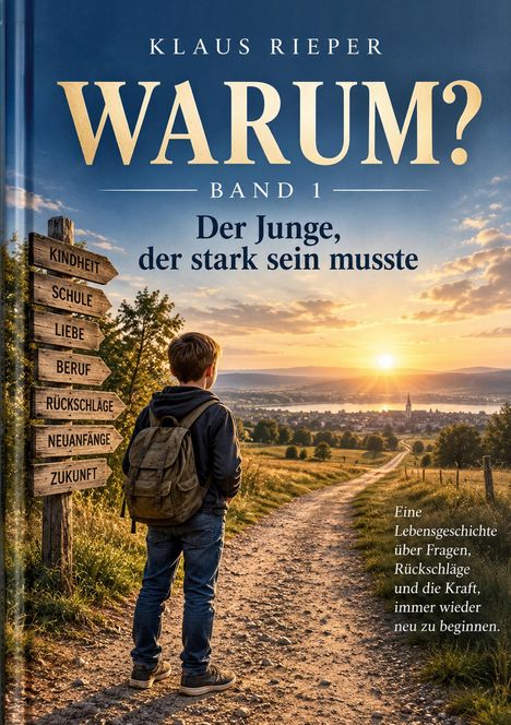 Titel: "Warum? Band 1: Der Junge, der stark sein musste." Ein Junge steht mit Rucksack vor einer Weggabelung bei Sonnenuntergang.