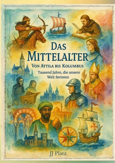 Text: "Das Mittelalter. Von Attila bis Kolumbus. Tausend Jahre, die unsere Welt formten." Illustration von mittelalterlichen Szenen.