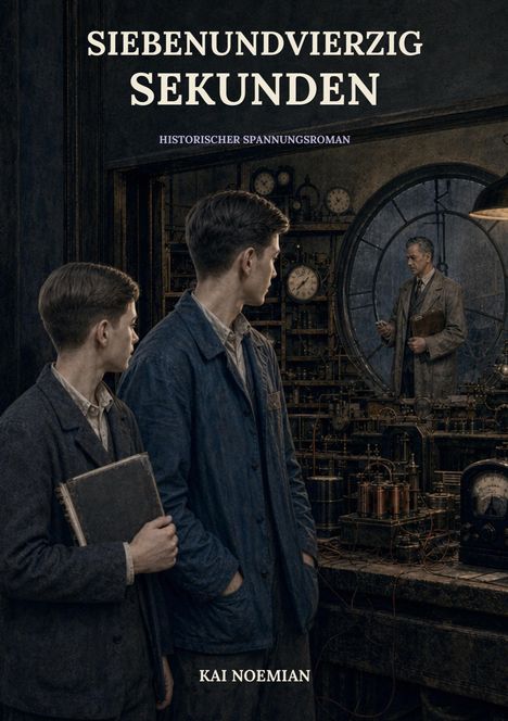 "SIEBENUNDVIERZIG SEKUNDEN" steht oben. Darunter "HISTORISCHER SPANNUNGSROMAN". Zwei Männer in blauen Mänteln blicken auf eine Maschine.