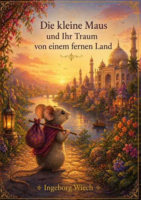 Die kleine Maus und Ihr Traum von einem fernen Land. Eine Maus mit goldenem Beutel schaut zu einem Palast bei Sonnenuntergang.