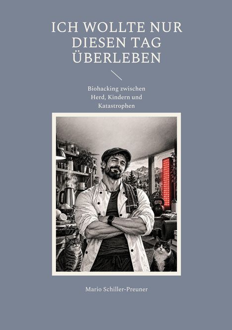Der Text lautet: "ICH WOLLTE NUR DIESEN TAG ÜBERLEBEN" und "Biohacking zwischen Herd, Kindern und Katastrophen". Darunter ein Mann mit Mütze in einer Küche, flankiert von zwei Katzen.
