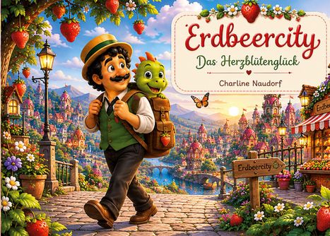 Der Text lautet: "Erdbeercity Das Herzblütenglück Charline Naudorf." Illustration: Ein Mann mit Hut und ein grünes Wesen in einer bunten Stadt.