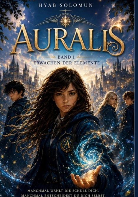 "Auralis: Band 1, Erwachen der Elemente" von Hyab Solomun. Jugendliche in Schuluniform mit magischem Wirbel vor Schlosskulisse.
