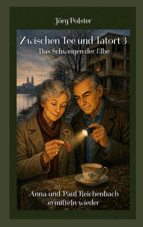 „Zwischen Tee und Tatort 3: Das Schweigen der Elbe“, zeigt ein älteres Paar mit Schlüssel und Taschenlampe an einem Fluss.