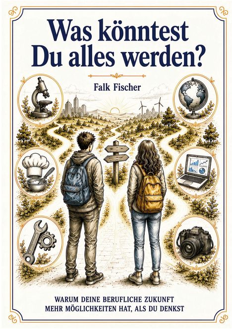Buchtitel: "Was könntest Du alles werden?" von Falk Fischer. Zwei Menschen vor Gabelung. Symbole für Berufe um sie herum.