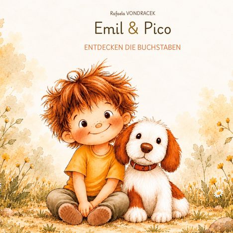 Text: "Rafaela Vondracek, Emil & Pico, Entdecken die Buchstaben."  
Illustration: Fröhlicher Junge mit frechem Haar sitzt neben einem Hund.