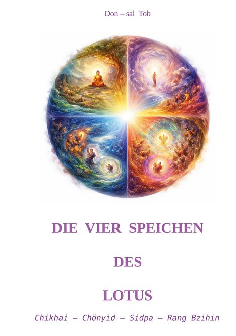 Titel: "Die vier Speichen des Lotus". Vier bunte, spirituelle Szenen in einem kreisförmigen Mandala.