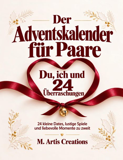 "Der Adventskalender für Paare" in roter Schrift mit goldenen Verzierungen und einer roten Schleife mit Glöckchen.