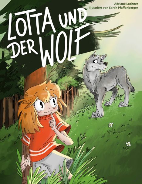 „Lotta und der Wolf“: ein Mädchen in rotem Pullover versteckt sich in einem Wald, beobachtet von einem Wolf.