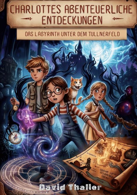 „Charlottes Abenteuerliche Entdeckungen: Das Labyrinth unter dem Tullnerfeld“. Drei Kinder, eine Katze, geheimnisvoll.