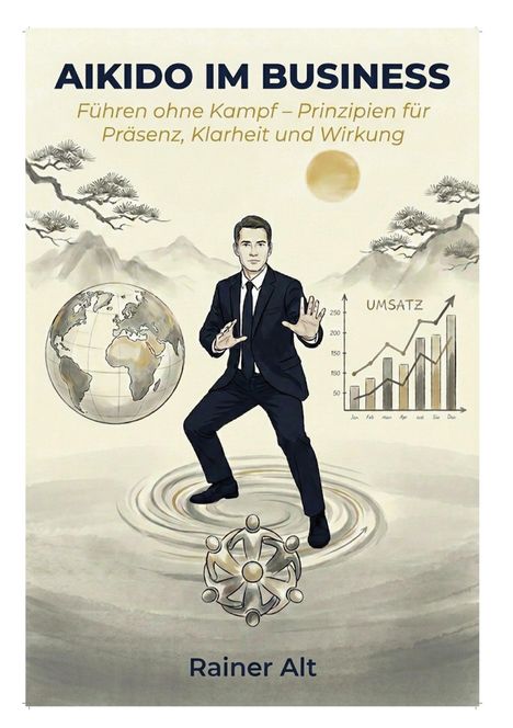 "Aikido im Business" oben. Ein Mann in Anzug in Kampfstellung, eine Weltkugel und ein Umsatzdiagramm.