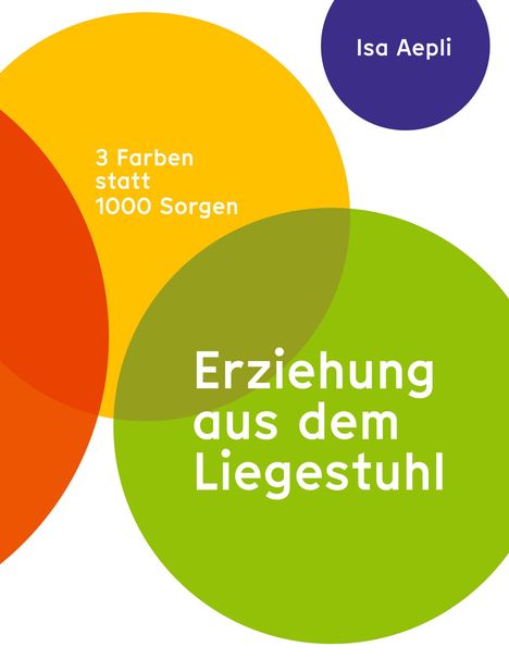 "3 Farben statt 1000 Sorgen" und "Erziehung aus dem Liegestuhl" in bunten Kreisen; "Isa Aepli" in violettem Kreis.