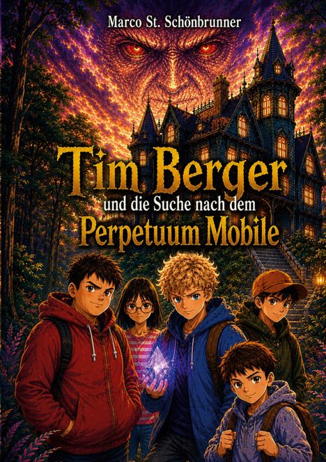 „Marco St. Schönbrunner: Tim Berger und die Suche nach dem Perpetuum Mobile“. Illustration: Teenager vor schaurigem Herrenhaus.
