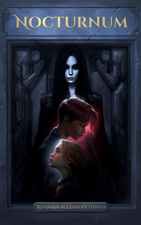 "NOCTURNUM" oben, darunter eine mystische Illustration: Drei Figuren, eindrucksvoll und düster, eine mit leuchtenden Augen.