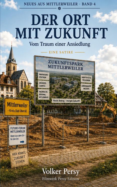 Titel: "Der Ort mit Zukunft: Vom Traum einer Ansiedlung". Baustelle mit Schild "Zukunftspark Mittlerweiler" und Kirche.