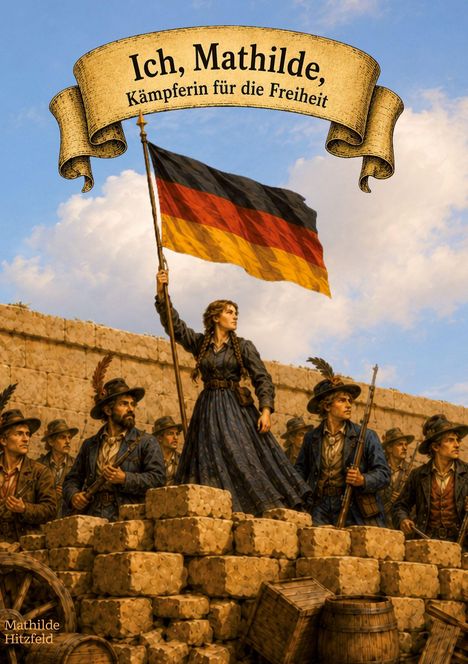 "Ich, Mathilde, Kämpferin für die Freiheit" auf einem Banner. Eine Frau hält die deutsche Flagge, umgeben von Männern in Uniformen.