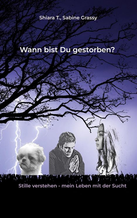 Titel: "Wann bist Du gestorben?" Unten: "Stille verstehen - mein Leben mit der Sucht". Silhouetten von Baum und Menschen.