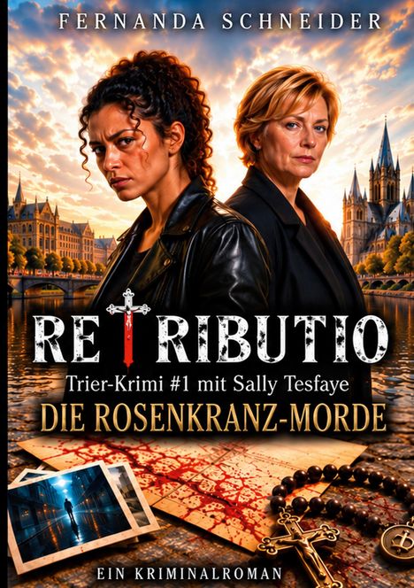 Ein Kriminalroman-Cover mit zwei ernsten Frauen, städtischer Hintergrund, Fotos, Rosenkranz und blutverschmierte Karte.