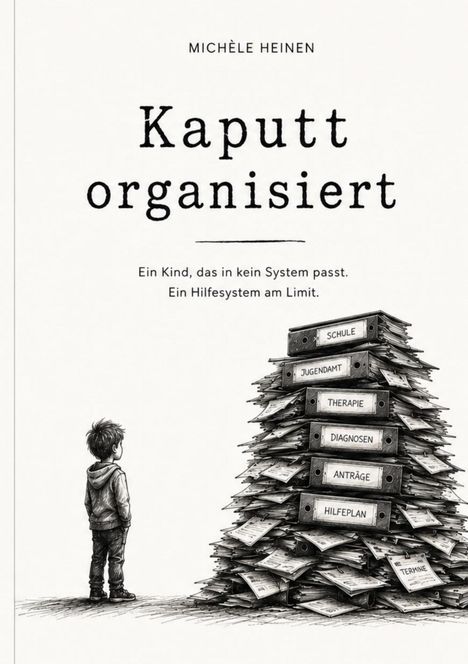 Titel "Kaputt organisiert". Untertitel "Ein Kind, das in kein System passt. Ein Hilfesystem am Limit." Ein Kind steht vor Aktenstapel.