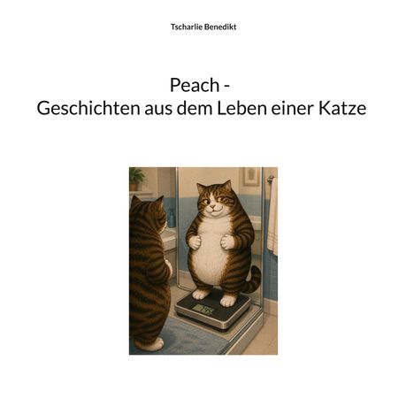 „Peach - Geschichten aus dem Leben einer Katze“. Illustration: Katze auf Waage sieht sich im Spiegel an.