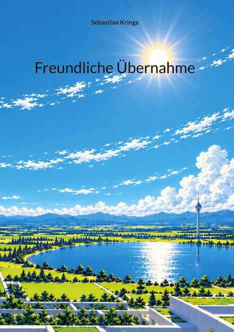 Text: "Sebastian Krings", "Freundliche Übernahme". Illustration: Landschaft mit See, Bergen, blauem Himmel und strahlender Sonne.