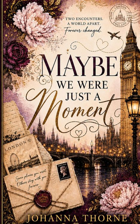 „Maybe we were just a moment“. Umschlag mit Blumen, Big Ben, Brücke und Postkarten mit Stempel „London“.