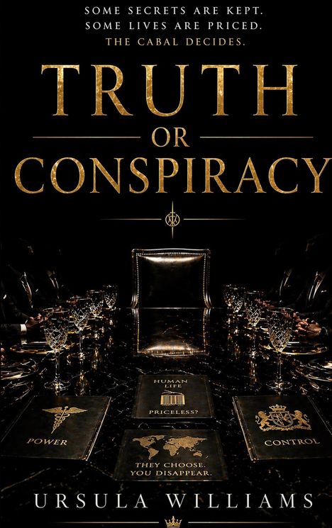 "Some secrets are kept. Some lives are priced. The cabal decides. Truth or Conspiracy. Human life priceless? Power. Control." Eine luxuriöse, dunkle Tischszene mit Gläsern und ledernen Stühlen.