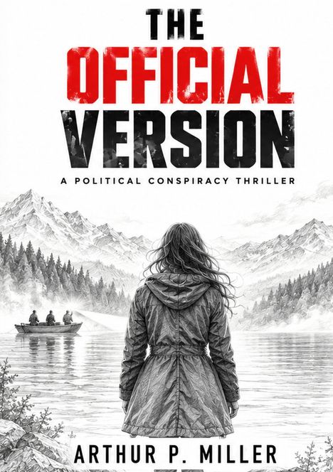 Titel: "THE OFFICIAL VERSION". Untertitel: "A POLITICAL CONSPIRACY THRILLER". Autor: "ARTHUR P. MILLER". Frau vor Berglandschaft.